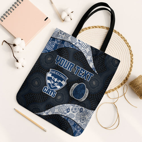 Personalized Geelong Cats Football Tote Bag Easter Egg Pattern Blue Monochrome Tribal Dot Style