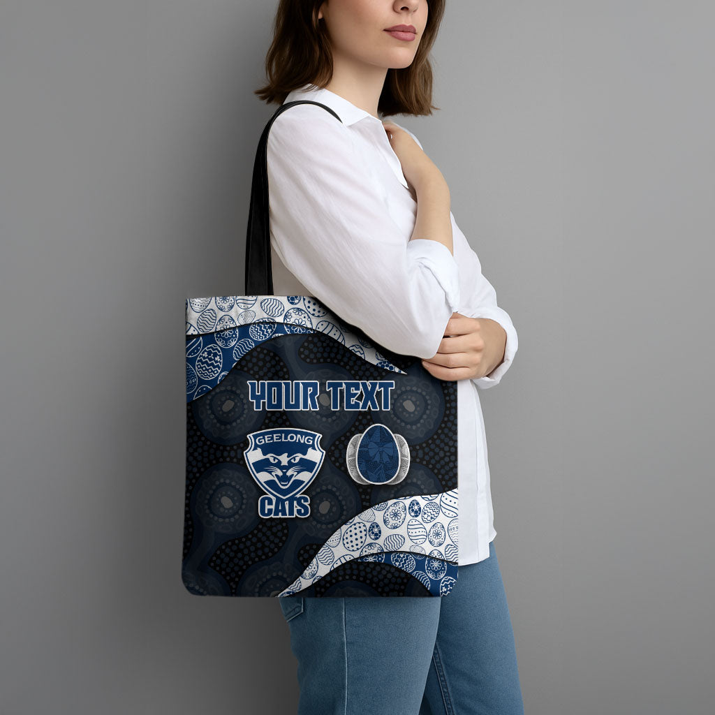 Personalized Geelong Cats Football Tote Bag Easter Egg Pattern Blue Monochrome Tribal Dot Style