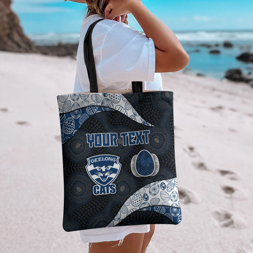 Personalized Geelong Cats Football Tote Bag Easter Egg Pattern Blue Monochrome Tribal Dot Style