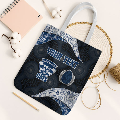 Personalized Geelong Cats Football Tote Bag Easter Egg Pattern Blue Monochrome Tribal Dot Style