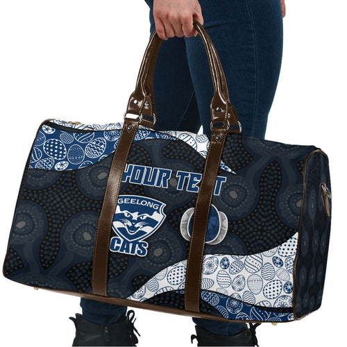 Personalized Geelong Cats Football Travel Bag Easter Egg Pattern Blue Monochrome Tribal Dot Style