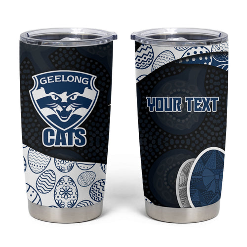 Personalized Geelong Cats Football Tumbler Cup Easter Egg Pattern Blue Monochrome Tribal Dot Style
