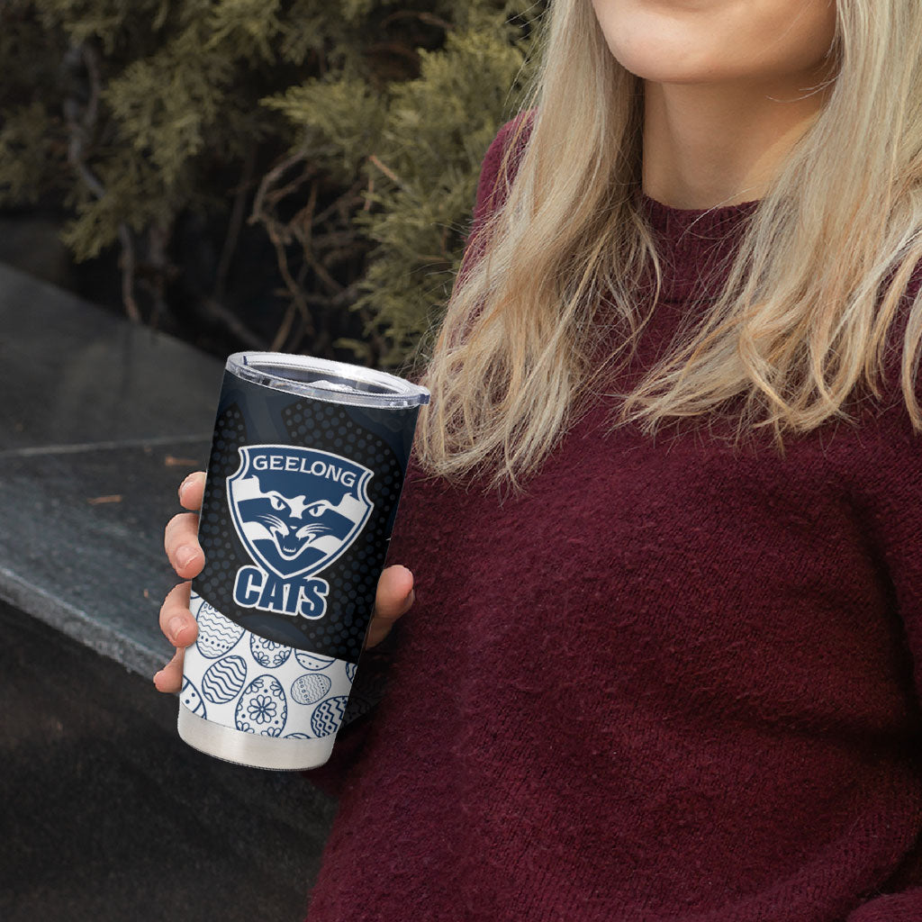Personalized Geelong Cats Football Tumbler Cup Easter Egg Pattern Blue Monochrome Tribal Dot Style