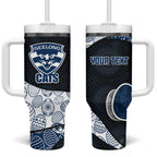 Personalized Geelong Cats Football Tumbler With Handle Easter Egg Pattern Blue Monochrome Tribal Dot Style