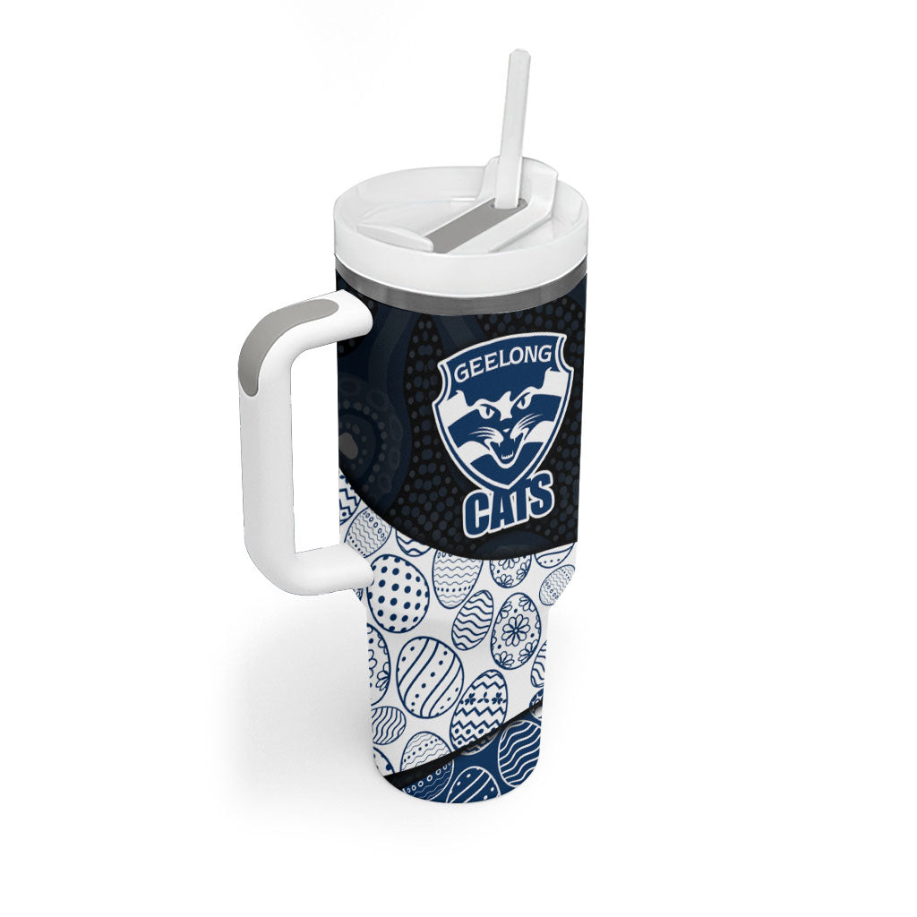 Personalized Geelong Cats Football Tumbler With Handle Easter Egg Pattern Blue Monochrome Tribal Dot Style