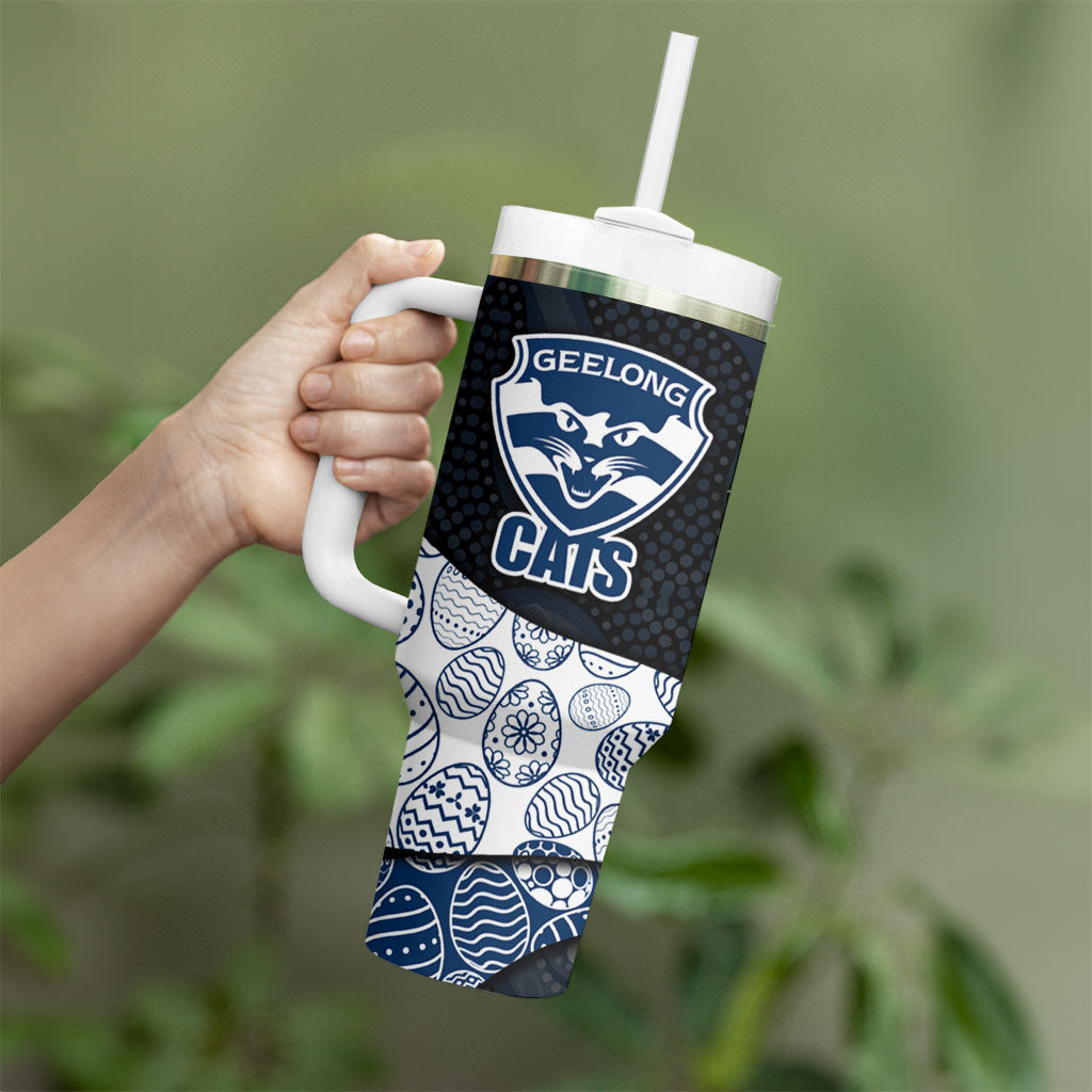 Personalized Geelong Cats Football Tumbler With Handle Easter Egg Pattern Blue Monochrome Tribal Dot Style