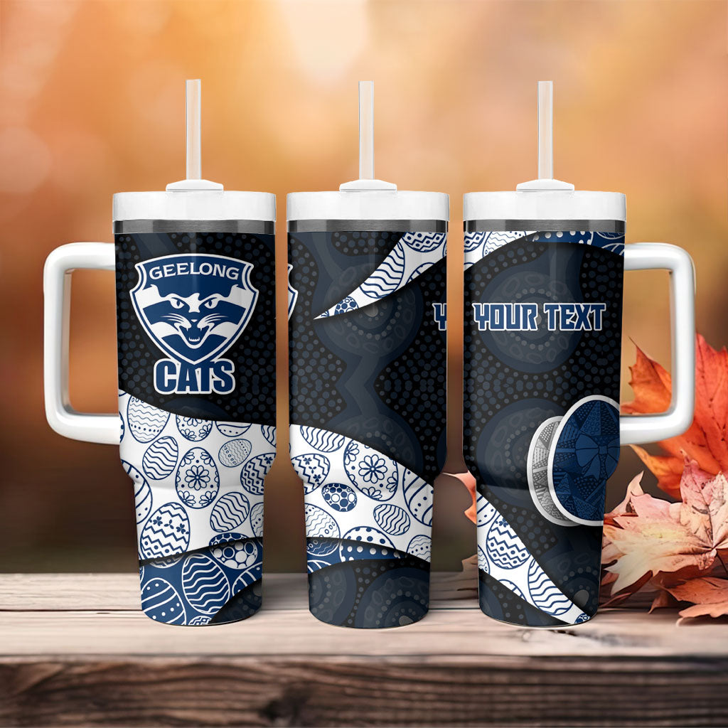 Personalized Geelong Cats Football Tumbler With Handle Easter Egg Pattern Blue Monochrome Tribal Dot Style