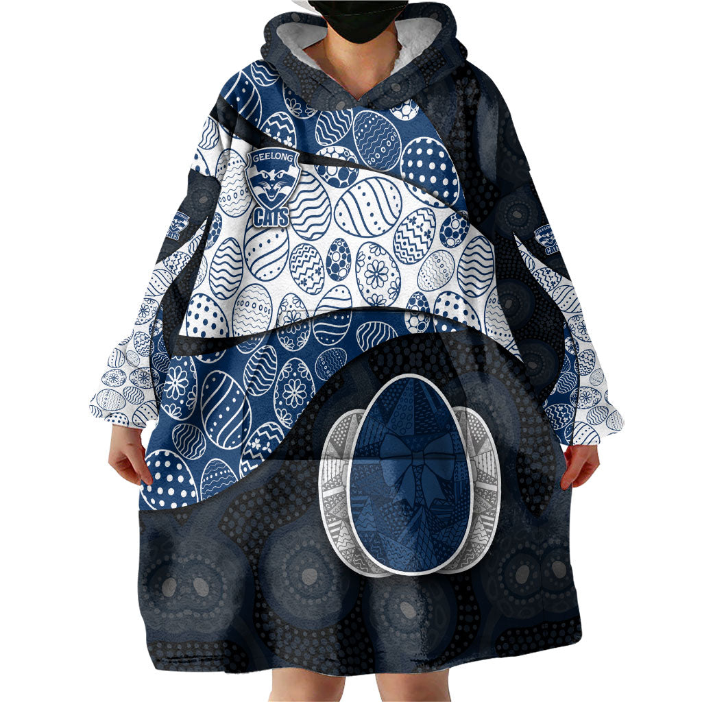 Personalized Geelong Cats Football Wearable Blanket Hoodie Easter Egg Pattern Blue Monochrome Tribal Dot Style