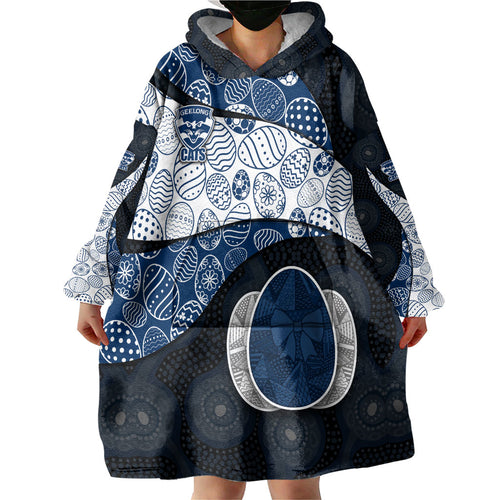 Personalized Geelong Cats Football Wearable Blanket Hoodie Easter Egg Pattern Blue Monochrome Tribal Dot Style