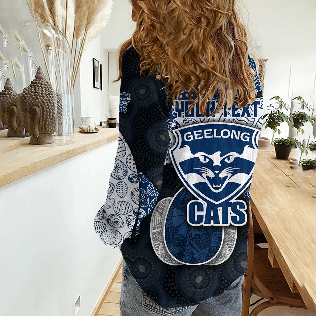 Personalized Geelong Cats Football Women Casual Shirt Easter Egg Pattern Blue Monochrome Tribal Dot Style