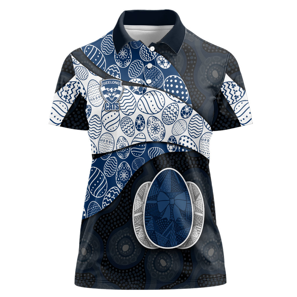 Personalized Geelong Cats Football Women Polo Shirt Easter Egg Pattern Blue Monochrome Tribal Dot Style