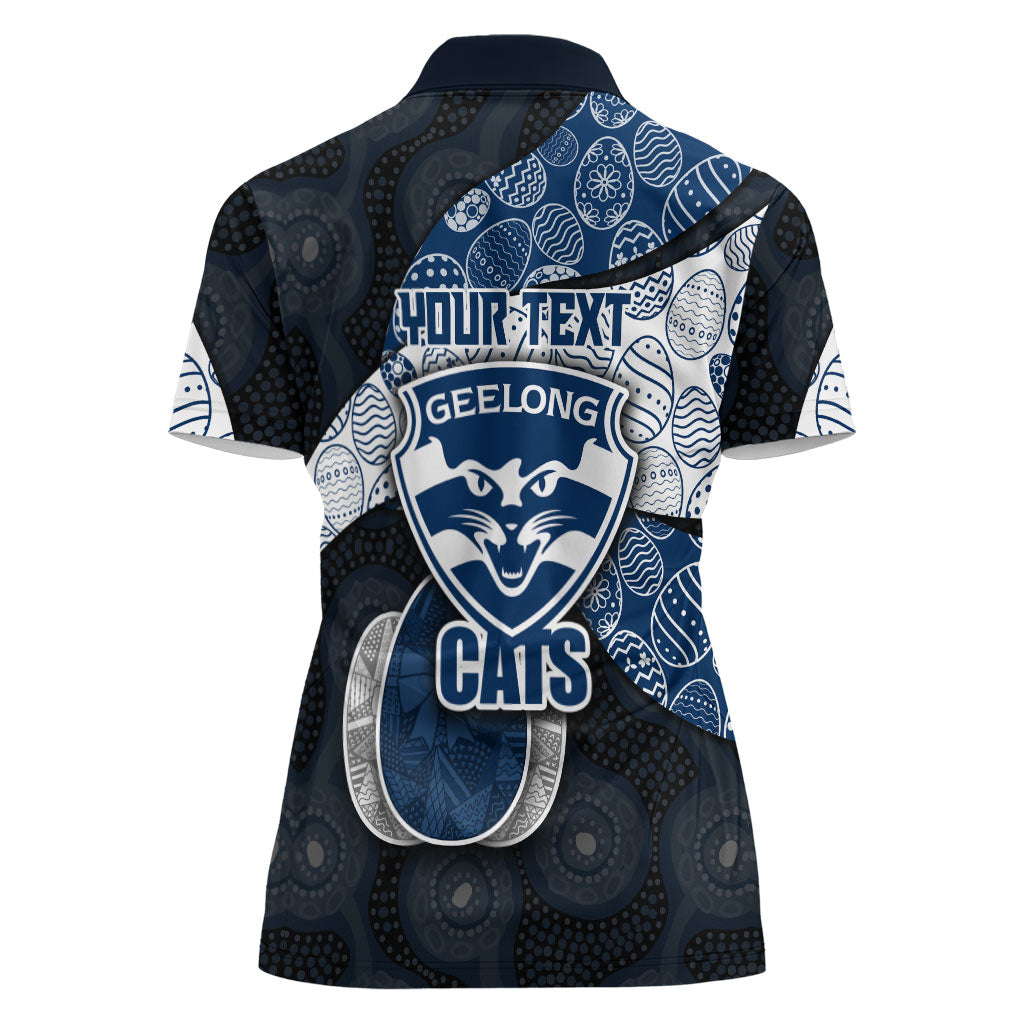 Personalized Geelong Cats Football Women Polo Shirt Easter Egg Pattern Blue Monochrome Tribal Dot Style