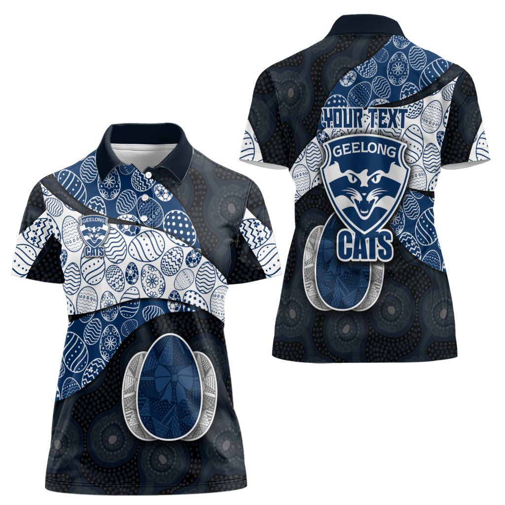 Personalized Geelong Cats Football Women Polo Shirt Easter Egg Pattern Blue Monochrome Tribal Dot Style