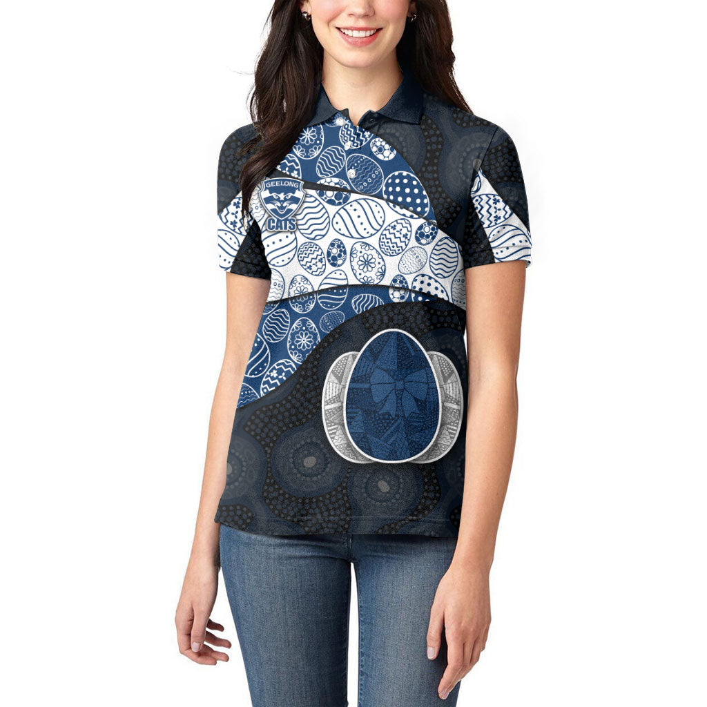 Personalized Geelong Cats Football Women Polo Shirt Easter Egg Pattern Blue Monochrome Tribal Dot Style