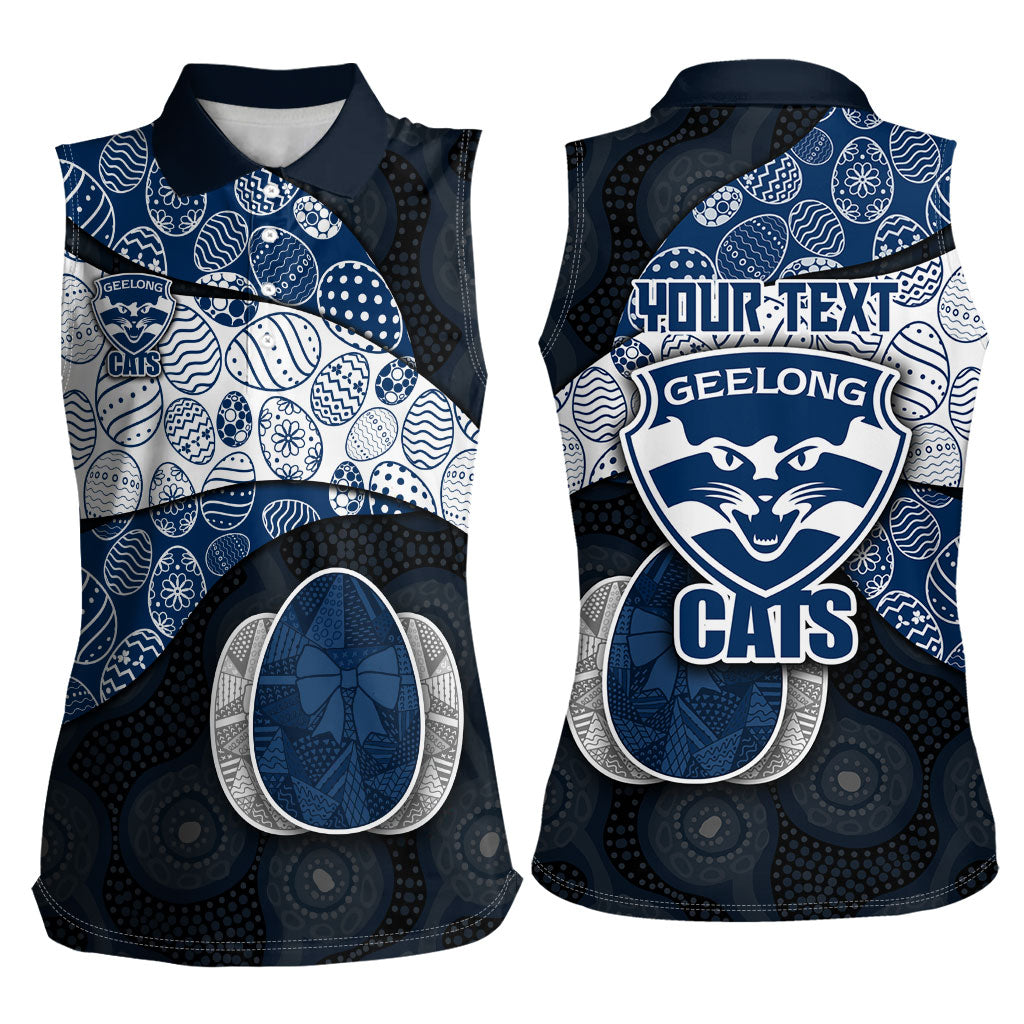 Personalized Geelong Cats Football Women Sleeveless Polo Shirt Easter Egg Pattern Blue Monochrome Tribal Dot Style