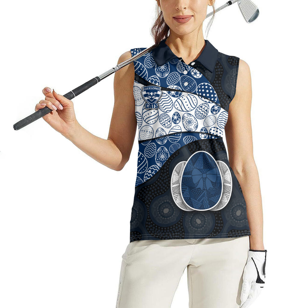 Personalized Geelong Cats Football Women Sleeveless Polo Shirt Easter Egg Pattern Blue Monochrome Tribal Dot Style