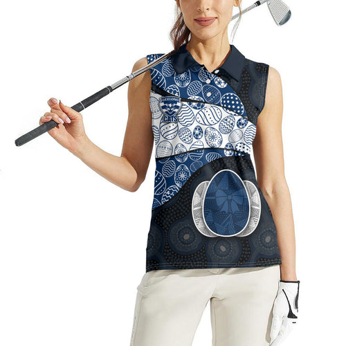Personalized Geelong Cats Football Women Sleeveless Polo Shirt Easter Egg Pattern Blue Monochrome Tribal Dot Style