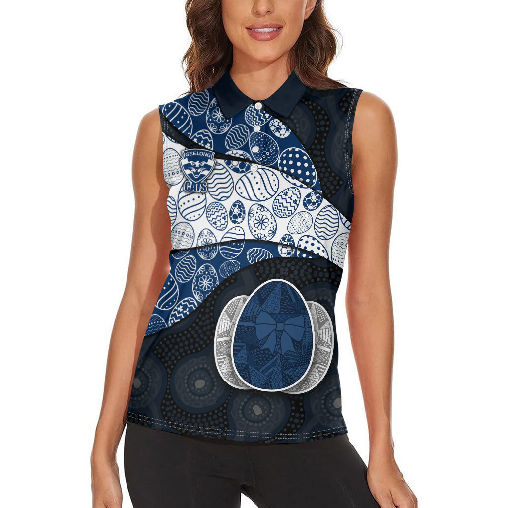 Personalized Geelong Cats Football Women Sleeveless Polo Shirt Easter Egg Pattern Blue Monochrome Tribal Dot Style