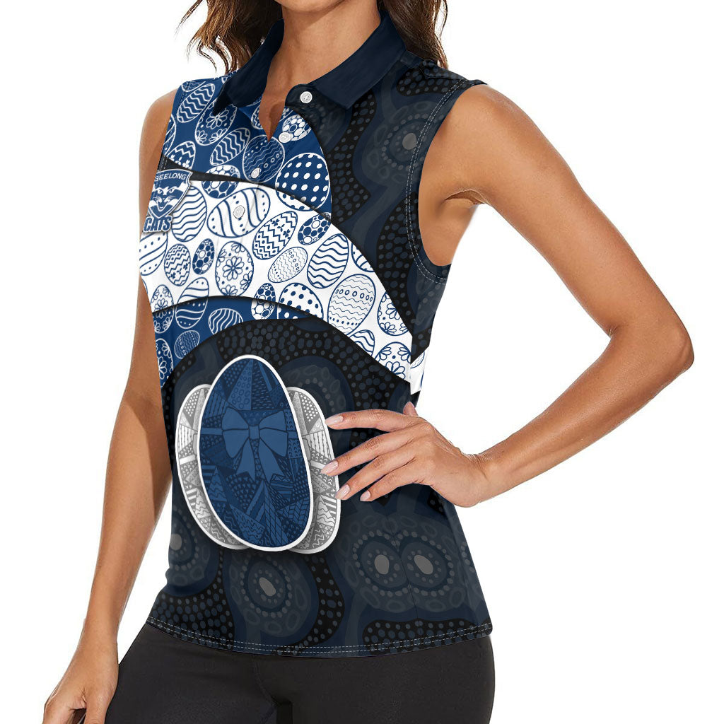 Personalized Geelong Cats Football Women Sleeveless Polo Shirt Easter Egg Pattern Blue Monochrome Tribal Dot Style