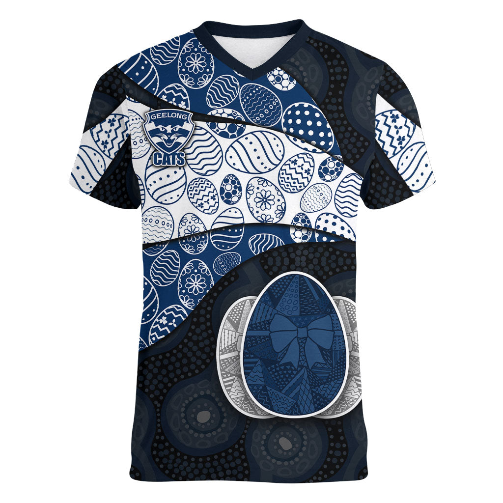 Personalized Geelong Cats Football Women V-Neck T-Shirt Easter Egg Pattern Blue Monochrome Tribal Dot Style