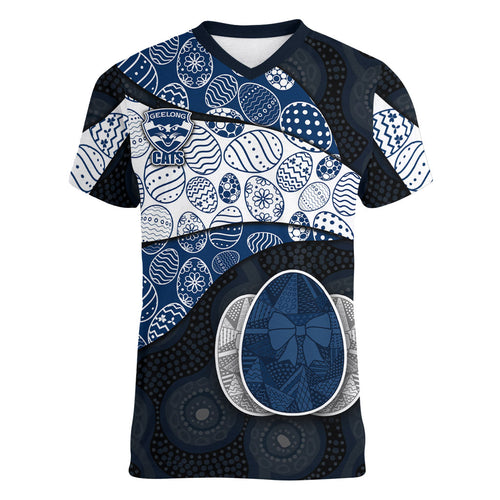 Personalized Geelong Cats Football Women V-Neck T-Shirt Easter Egg Pattern Blue Monochrome Tribal Dot Style