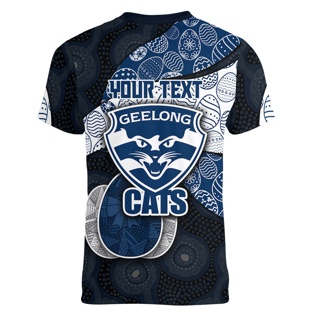 Personalized Geelong Cats Football Women V-Neck T-Shirt Easter Egg Pattern Blue Monochrome Tribal Dot Style