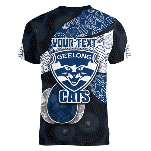 Personalized Geelong Cats Football Women V-Neck T-Shirt Easter Egg Pattern Blue Monochrome Tribal Dot Style
