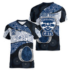 Personalized Geelong Cats Football Women V-Neck T-Shirt Easter Egg Pattern Blue Monochrome Tribal Dot Style