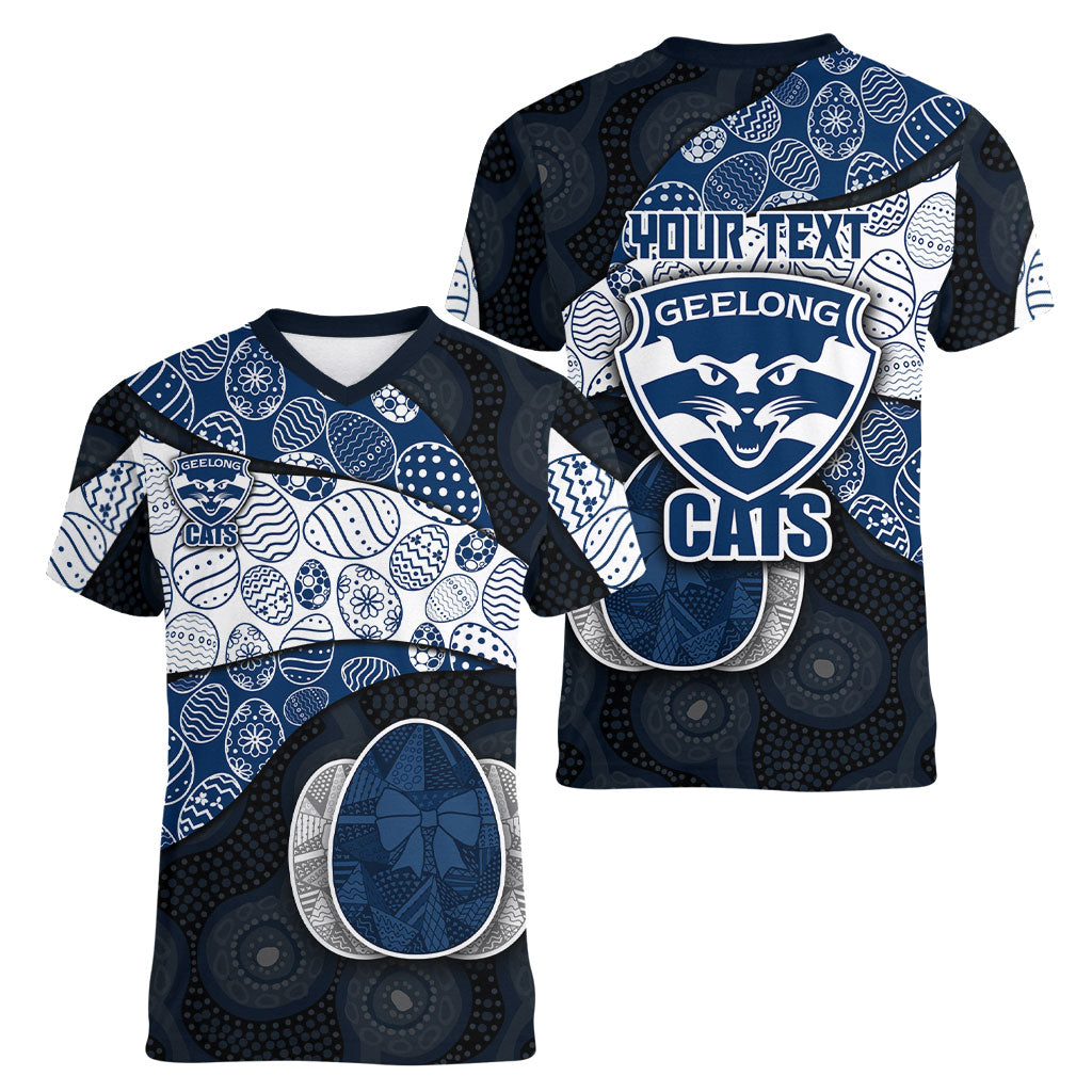 Personalized Geelong Cats Football Women V-Neck T-Shirt Easter Egg Pattern Blue Monochrome Tribal Dot Style