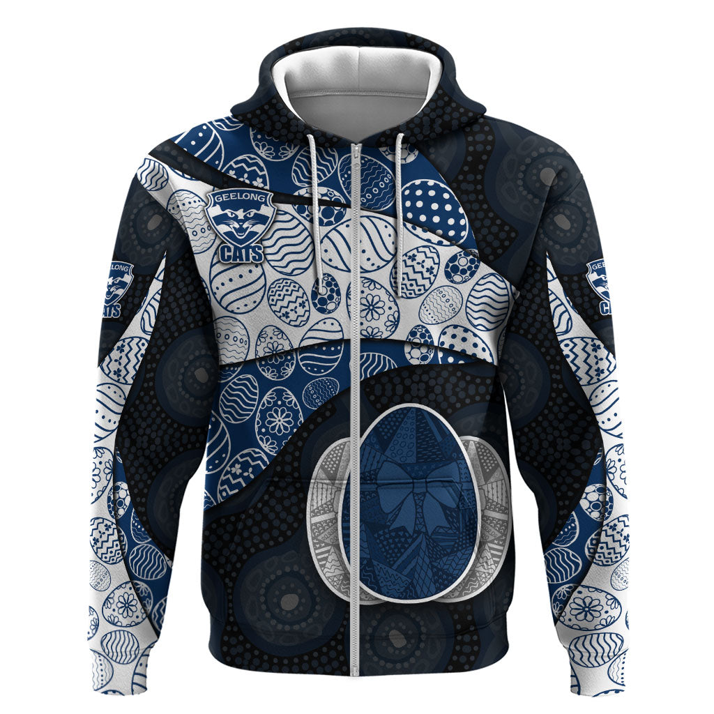 Personalized Geelong Cats Football Zip Hoodie Easter Egg Pattern Blue Monochrome Tribal Dot Style
