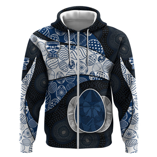 Personalized Geelong Cats Football Zip Hoodie Easter Egg Pattern Blue Monochrome Tribal Dot Style