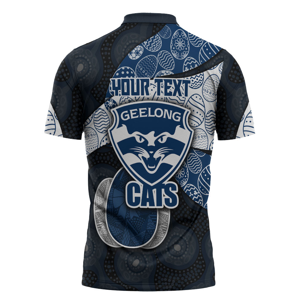 Personalized Geelong Cats Football Zipper Polo Shirt Easter Egg Pattern Blue Monochrome Tribal Dot Style