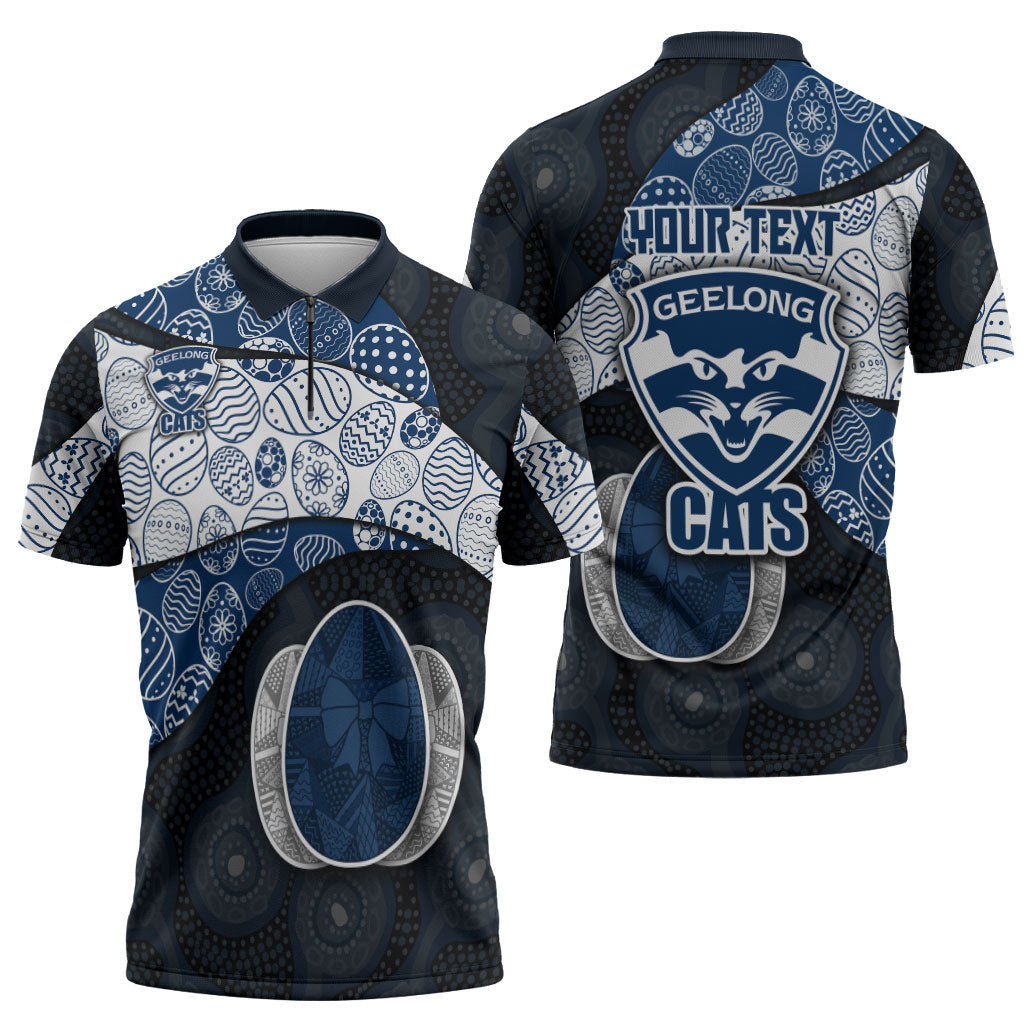 Personalized Geelong Cats Football Zipper Polo Shirt Easter Egg Pattern Blue Monochrome Tribal Dot Style