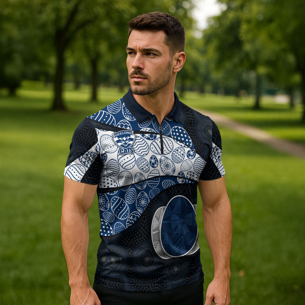 Personalized Geelong Cats Football Zipper Polo Shirt Easter Egg Pattern Blue Monochrome Tribal Dot Style