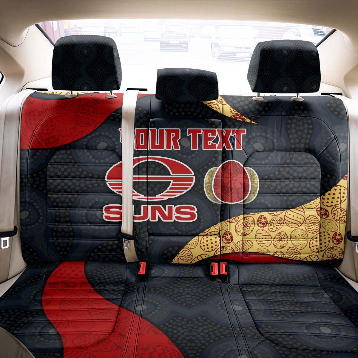 Personalized Suns Football Back Car Seat Cover Easter Egg Pattern Red Yellow Tribal Dot Art Style