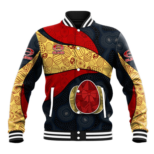 Personalized Suns Football Baseball Jacket Easter Egg Pattern Red Yellow Tribal Dot Art Style