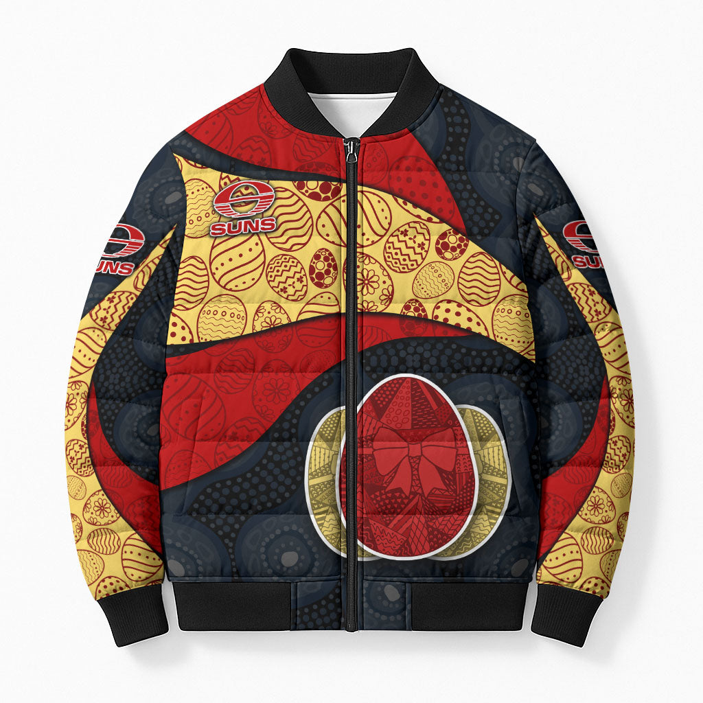 Personalized Suns Football Bomber Puffer Jacket Easter Egg Pattern Red Yellow Tribal Dot Art Style