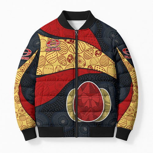 Personalized Suns Football Bomber Puffer Jacket Easter Egg Pattern Red Yellow Tribal Dot Art Style