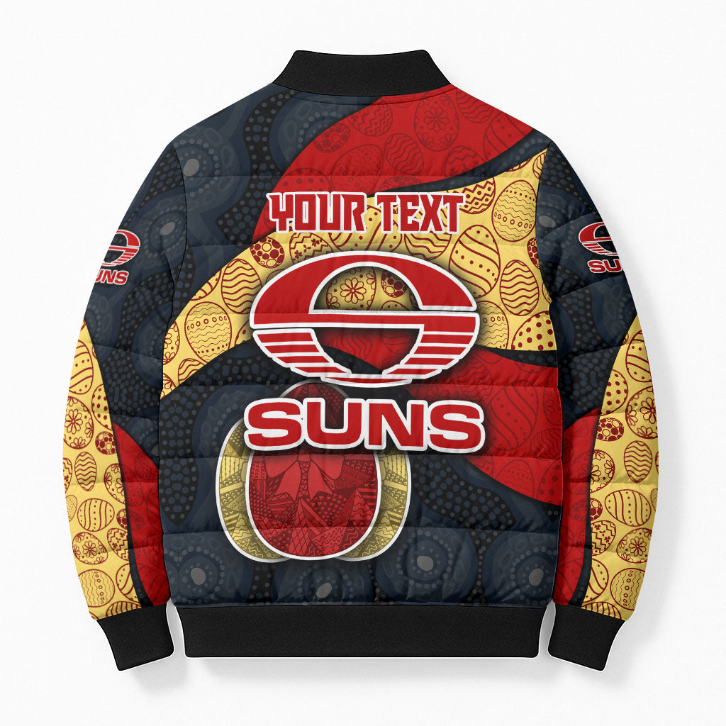 Personalized Suns Football Bomber Puffer Jacket Easter Egg Pattern Red Yellow Tribal Dot Art Style