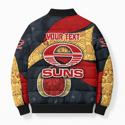 Personalized Suns Football Bomber Puffer Jacket Easter Egg Pattern Red Yellow Tribal Dot Art Style