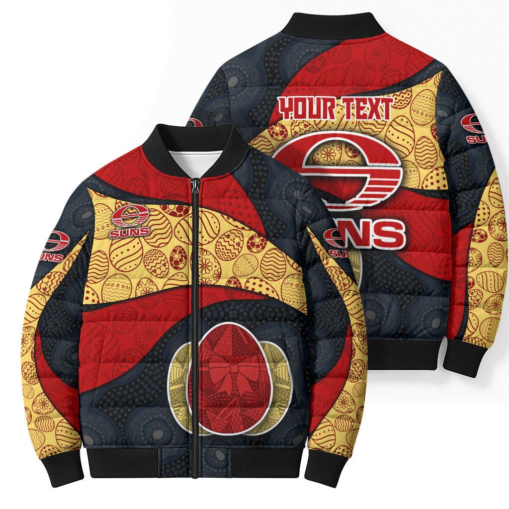Personalized Suns Football Bomber Puffer Jacket Easter Egg Pattern Red Yellow Tribal Dot Art Style