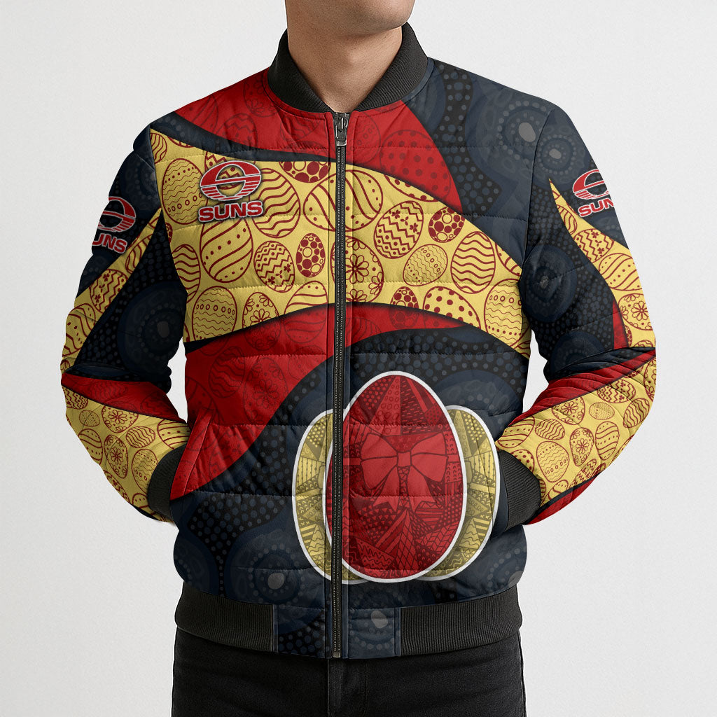 Personalized Suns Football Bomber Puffer Jacket Easter Egg Pattern Red Yellow Tribal Dot Art Style