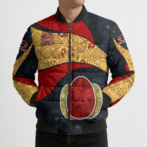 Personalized Suns Football Bomber Puffer Jacket Easter Egg Pattern Red Yellow Tribal Dot Art Style