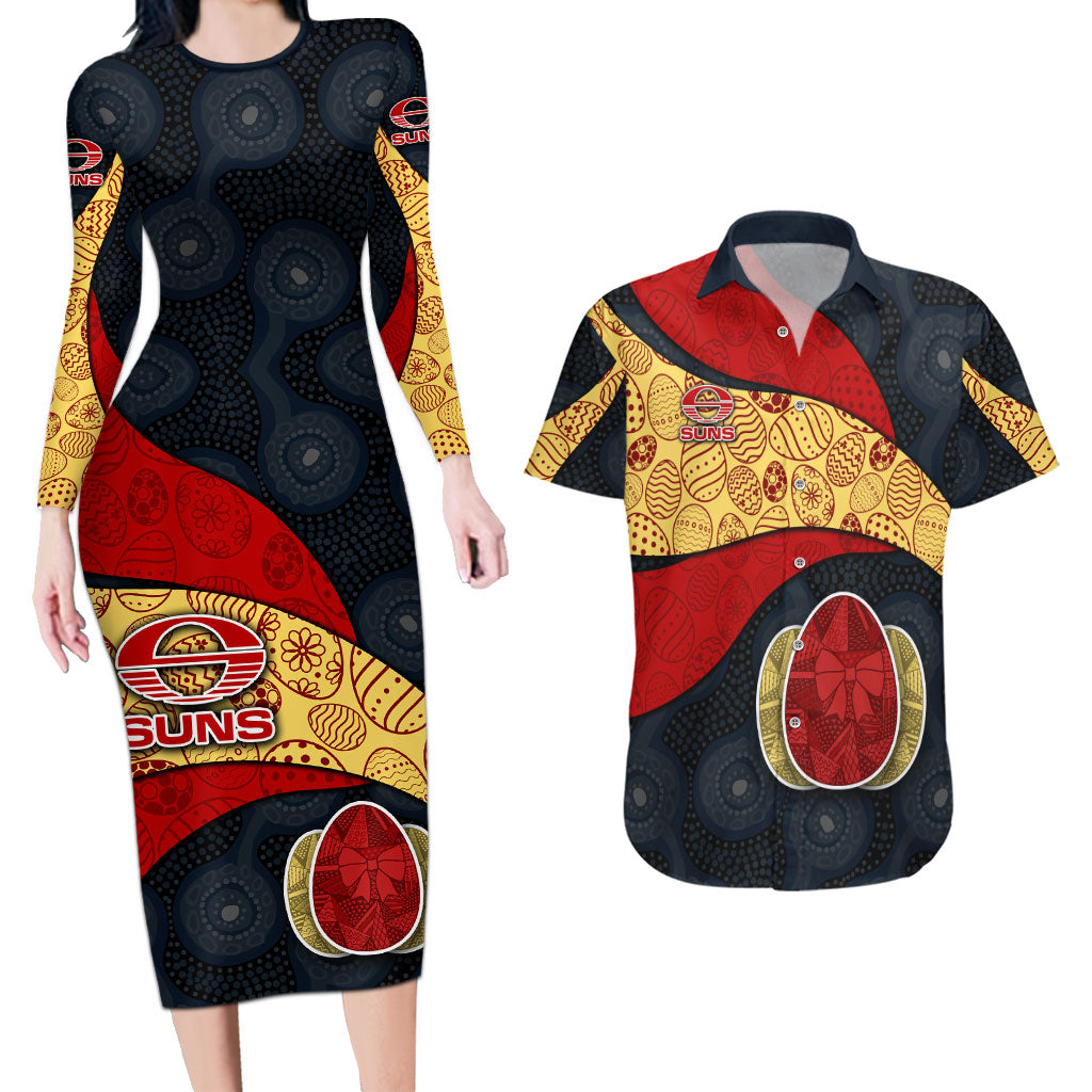 Personalized Suns Football Couples Matching Long Sleeve Bodycon Dress and Hawaiian Shirt Easter Egg Pattern Red Yellow Tribal Dot Art Style