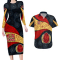 Personalized Suns Football Couples Matching Long Sleeve Bodycon Dress and Hawaiian Shirt Easter Egg Pattern Red Yellow Tribal Dot Art Style
