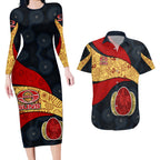 Personalized Suns Football Couples Matching Long Sleeve Bodycon Dress and Hawaiian Shirt Easter Egg Pattern Red Yellow Tribal Dot Art Style