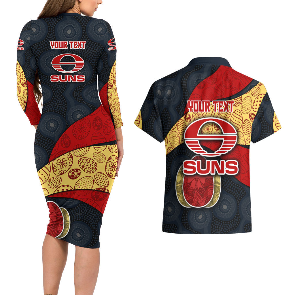 Personalized Suns Football Couples Matching Long Sleeve Bodycon Dress and Hawaiian Shirt Easter Egg Pattern Red Yellow Tribal Dot Art Style