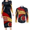 Personalized Suns Football Couples Matching Long Sleeve Bodycon Dress and Long Sleeve Button Shirt Easter Egg Pattern Red Yellow Tribal Dot Art Style