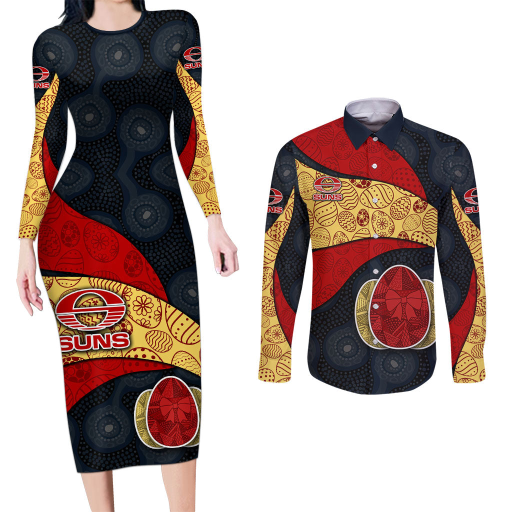 Personalized Suns Football Couples Matching Long Sleeve Bodycon Dress and Long Sleeve Button Shirt Easter Egg Pattern Red Yellow Tribal Dot Art Style