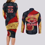 Personalized Suns Football Couples Matching Long Sleeve Bodycon Dress and Long Sleeve Button Shirt Easter Egg Pattern Red Yellow Tribal Dot Art Style